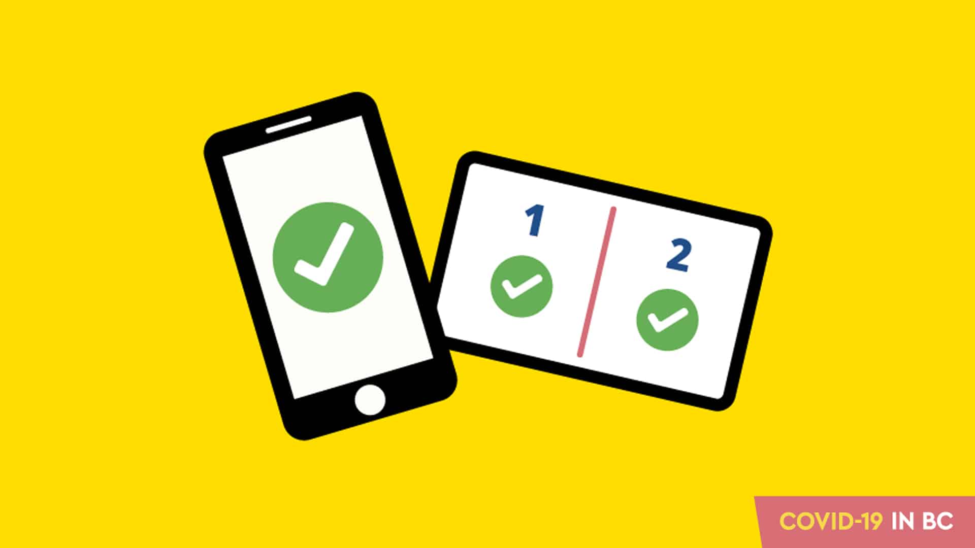 Illustration of proof of vaccination on a mobile phone and a paper cards